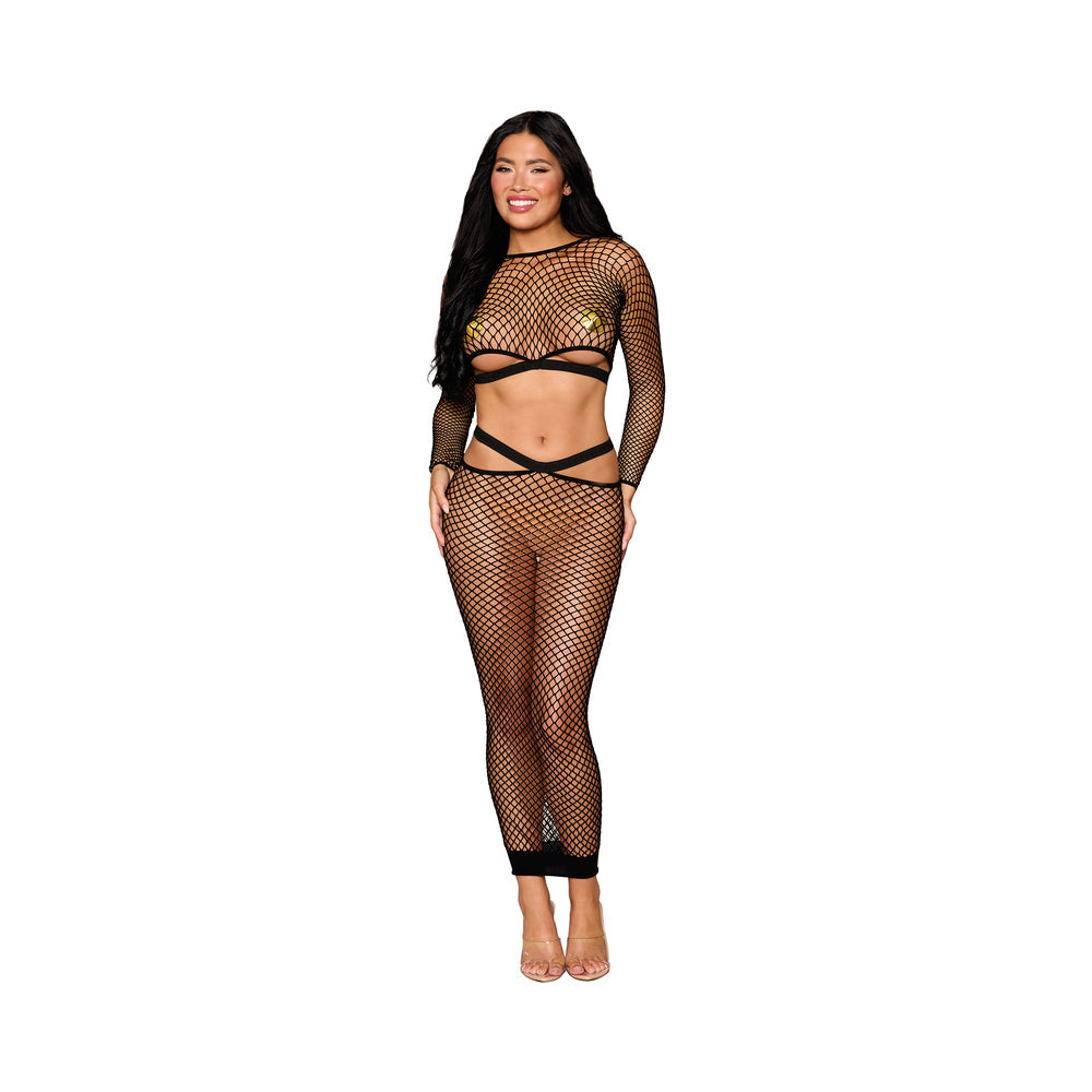 Dreamgirl Fence Net Long Sleeve Bralette & Maxi Skirt Set Black
