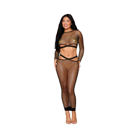 Dreamgirl Fence Net Long Sleeve Bralette & Maxi Skirt Set Black
